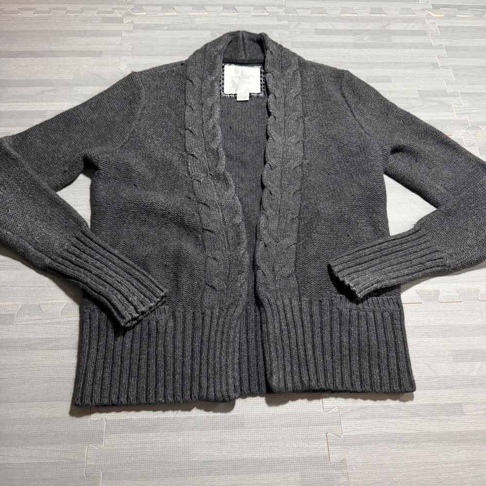 American Eagle Grey Cable Knit Shawl Collar Open Front Cardigan Sweater